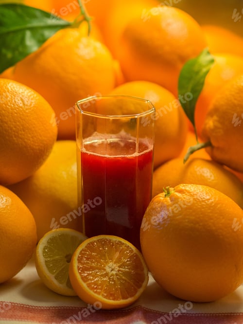 Preview: Vertical closeup of a glass of fruit juice with oranges.