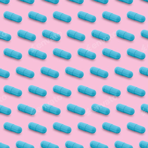 Preview: Gel capsule seamless pattern. Blue capsule drug, pharmacy concept. food supplement, on pink