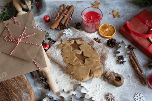 Preview: Christmas background. Cutting board and gift boxes concept for Christmas .