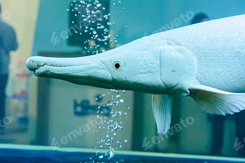 Preview: Closeup of a white alligator gar fish in the cabinet