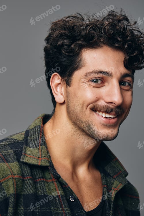 Preview: Fashion man trendy smile cheerful handsome portrait hipster shirt copyspace face