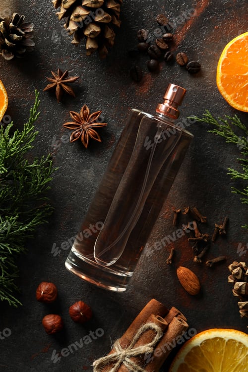 Preview: Composition with bottle of perfume and ingredients