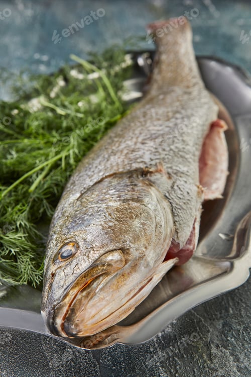 Preview: Fresh sea bass fish with herbs on the board, ready for cooking. French gourmet cuisine