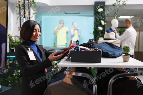 Preview: Store seller looking at stylish red tie