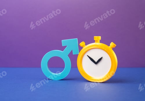 Preview: Male gender symbol and a stopwatch. Reminder about timely medical checkups for men