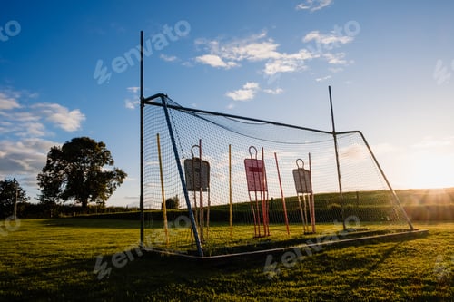 Preview: Gaelic football goal, with obstacles for training.