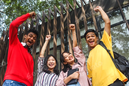Preview: Diverse college friends showing triumph gesture. friendship, achievement and success concept.