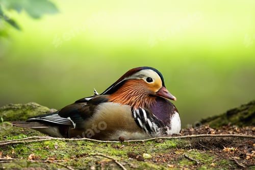 Preview: Cute mandarin duck drake lying on the ground in summer with copy space above