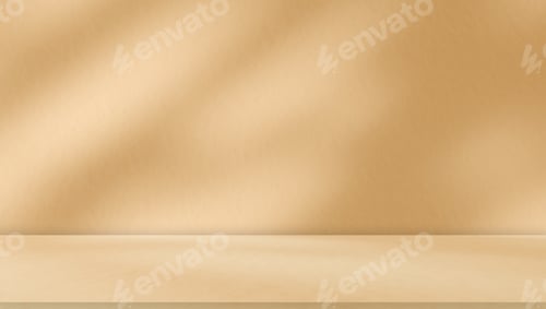 Vista previa: Habitación tipo estudio vacía de color marrón beige dorado con efecto de luz solar y sombra de hojas.