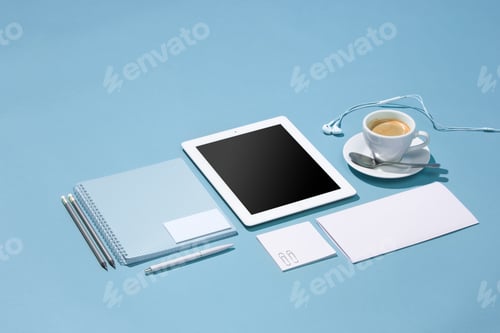 Preview: The Laptop, Pens, Phone, Note With Blank Screen On Table