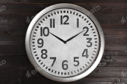 Preview: Stylish analog clock hanging on wooden wall