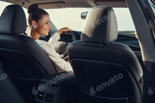 Preview: Person on front seat driving a car on road