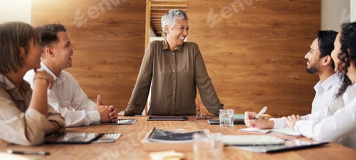 Preview: Funny, senior woman or business people in meeting laughing or speaking on project planning or joke