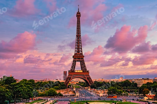 Preview: Eiffel Tower against a mesmerizing pink cloudy sky in Paris, France