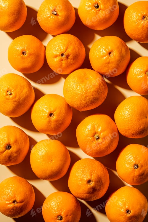 Preview: Top view of arranged fresh wholesome tangerines on beige background