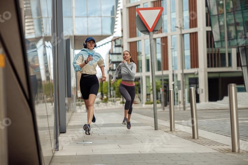 Preview: Two athletic women in sportswear are running around the city and listen music. Reaching the goal