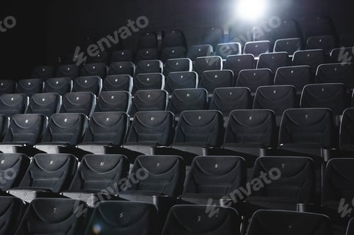 Preview: cinema hall with rows of grey seats in darkness