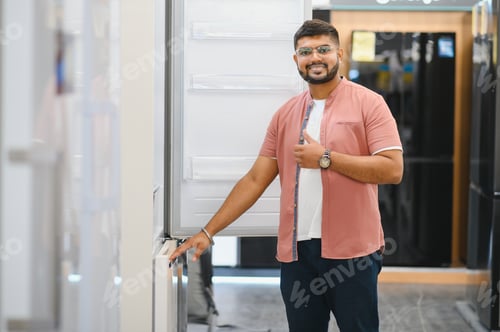 Preview: Smart modern indian male customer choosing large fridges in domestic appliances section