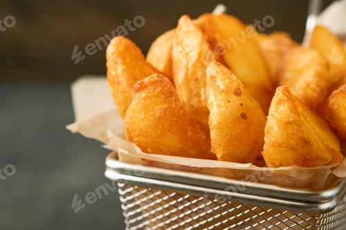 Preview: French fries in metal wire basket with salt and ketchup on old wooden dark background clous up. Frie
