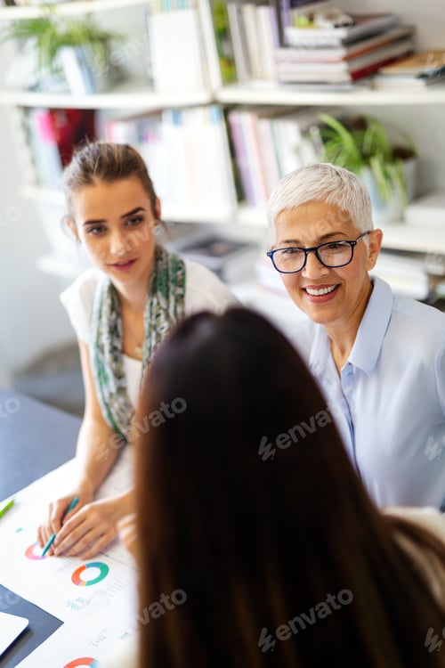 Preview: Portrait of happy business women working as a team at the office on meeting