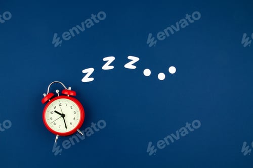 Preview: Snoring classic alarm clock on blue pastel trendy background. Flat lay, top view mock up
