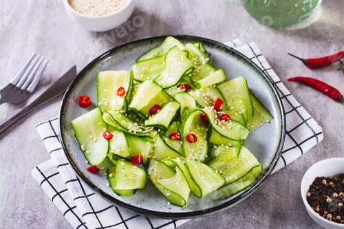 Preview: Fresh salad of cucumbers, hot red pepper and sesame seeds on a plate