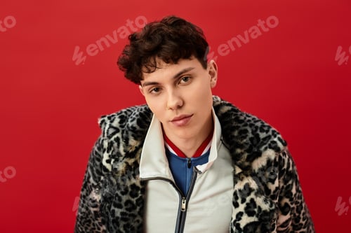 Preview: Stylish man poses confidently against a vibrant red backdrop showcasing modern fashion trends