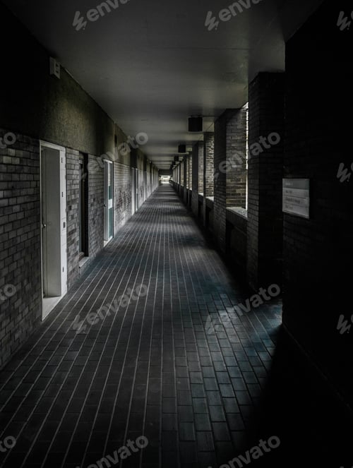 Preview: Vertical shot of a long, dark corridor that is illuminated by the light of the setting sun