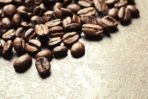 Preview: Roasted coffee beans on grey background with space for text, closeup