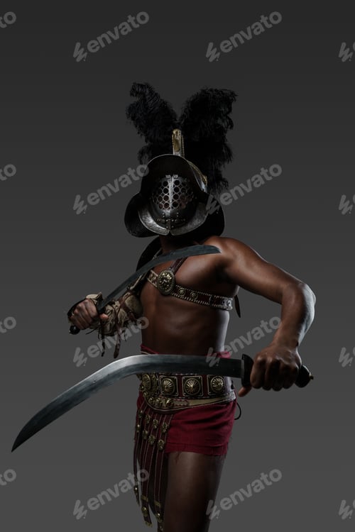 Preview: Naked roman gladiator with two swords and plumed helmet