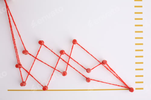 Preview: Colour chart with down arrow on the chart with the text female hand directs financial growth .