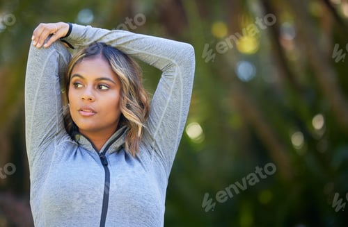 Preview: Nature, fitness and young woman doing a warm up for an outdoor workout or training. Sports, happy a