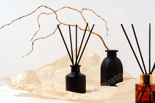 Preview: Black Glass Diffuser Bottles With Reed Sticks and Dried Twigs on Cream Paper