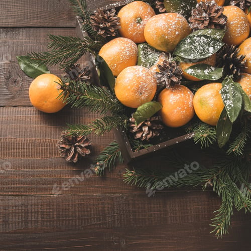 Preview: Fresh mandarins with leaves on wooden board. Christmas composition with copy space.