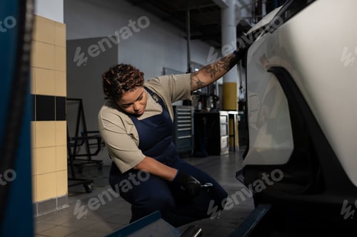 Preview: Empowered young woman working diligently on a car in a busy auto repair shop