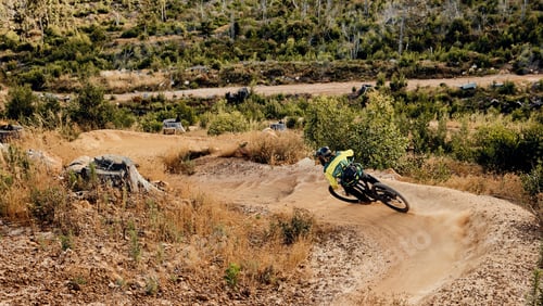 Preview: Mountain bike, man and cycling adventure on dirt hill, sand path and speed challenge, sports action