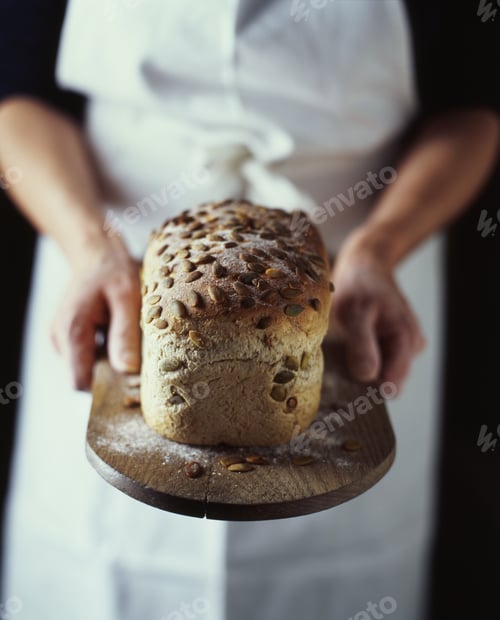 Preview: Hands of female baker holding fresh from oven seeded organic bread on breadboard