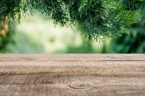 Preview: template of brown wooden floor with pine tree leaves and green blurred background