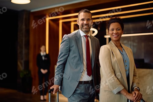 Preview: Happy business couple in hotel hallway looking at camera.