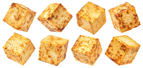 Preview: Fried tofu cubes isolated on white background