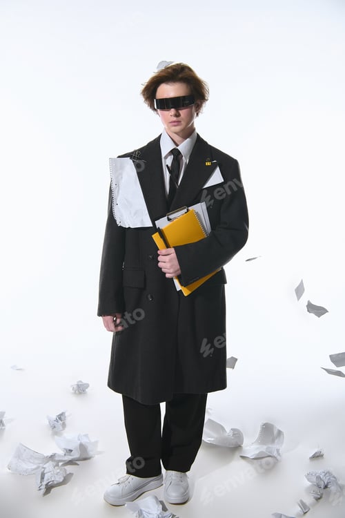 Preview: Stylish young man posing in modern outfit with papers in a creative setting