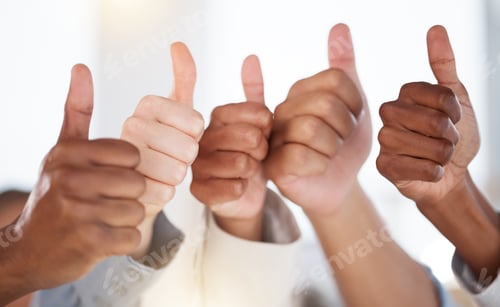 Preview: Thumbs up, diversity and people with success in the office for team building, collaboration or team