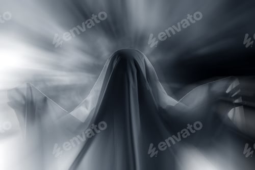 Preview: Halloween concept with ghost in smoky night
