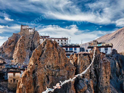 Preview: Dhankar gompa Tibetan Buddhist monastery and prayer flags lungta