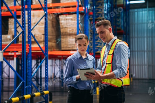 Preview: Worker in the warehouse checking the stock is on the shelves at the manufacturing.