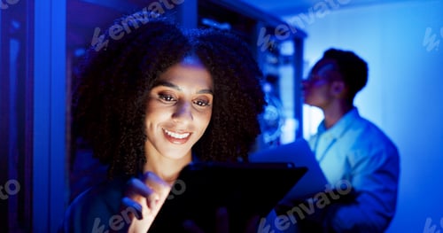 Preview: Woman, tablet or server room at night for technology, maintenance in dark data center with neon. Fe