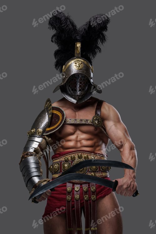 Preview: Combative gladiator with twin swords against gray background