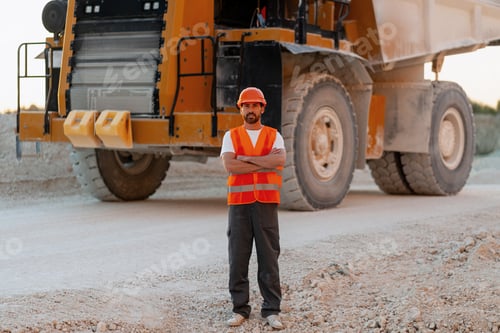 Preview: Confident construction worker posing with crossed arms in front of dumper truck
