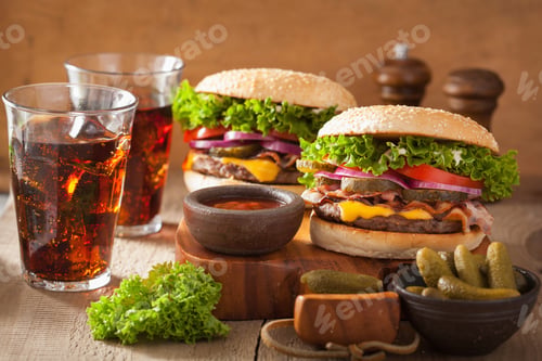 Preview: bacon cheese burger with pickles tomato onion