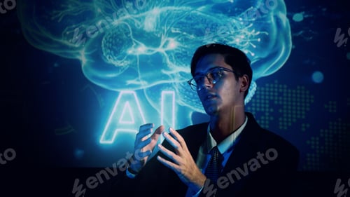 Preview: Business team discussing and using technology artificial intelligence with digital Ai assistant.